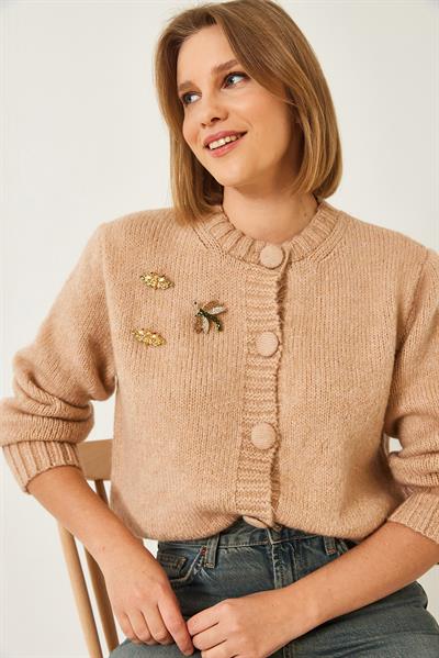 Broş Detaylı Triko Hırka 20246254 - Pudra