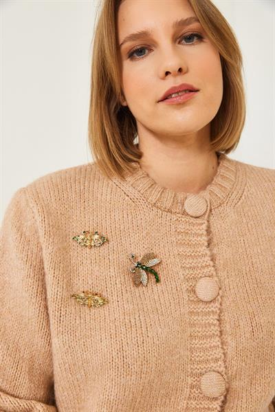 Broş Detaylı Triko Hırka 20246254 - Pudra