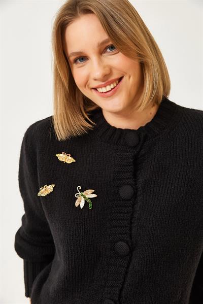 Broş Detaylı Triko Hırka 20246254 - Siyah