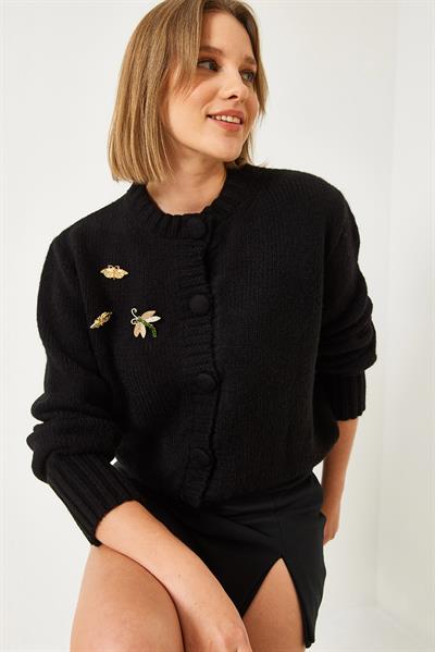 Broş Detaylı Triko Hırka 20246254 - Siyah