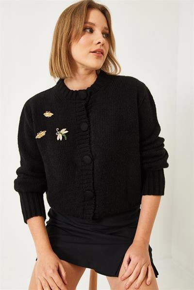 Broş Detaylı Triko Hırka 20246254 - Siyah
