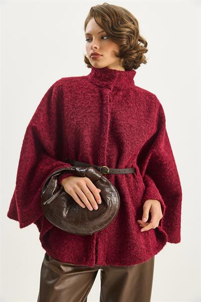 Kadın Buklet Kumaş Araboy Kemerli Kaşe Panço 8014  60284101 - Bordo