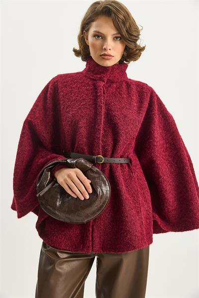 Kadın Buklet Kumaş Araboy Kemerli Kaşe Panço 8014  60284101 - Bordo