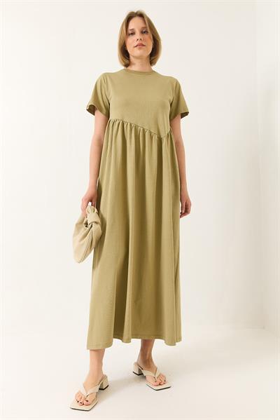 Kadın Büzgülü Uzun Örme Elbise 440 60283177 - Yağ Yeşili