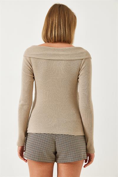 Kadın Çapraz Bantlı Parmak Geçirmeli Madonna Yaka Bluz 60261056 - Vizon