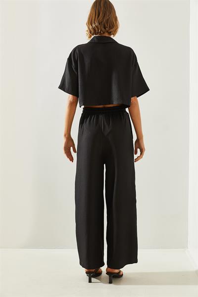 Kadın Ceket Yaka Crop Düğmeli Pantolonu Cepli Alt-Üst Takım 9241 60251692 - Siyah