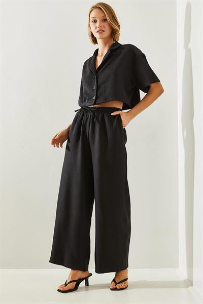 Kadın Ceket Yaka Crop Düğmeli Pantolonu Cepli Alt-Üst Takım 9241 60251692 - Siyah