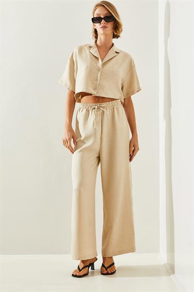 Kadın Ceket Yaka Crop Düğmeli Pantolonu Cepli Alt-Üst Takım 9241 60251692 - Bej