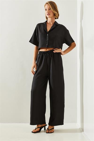 Kadın Ceket Yaka Crop Düğmeli Pantolonu Cepli Alt-Üst Takım 9241 60251692 - Siyah