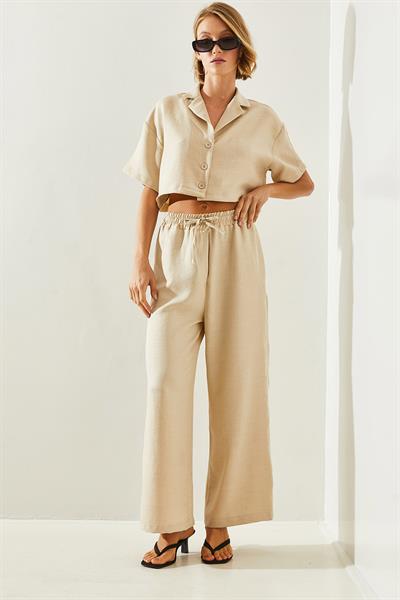 Kadın Ceket Yaka Crop Düğmeli Pantolonu Cepli Alt-Üst Takım 9241 60251692 - Bej