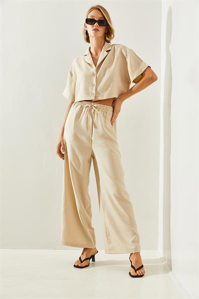 Kadın Ceket Yaka Crop Düğmeli Pantolonu Cepli Alt-Üst Takım 9241 60251692 - Bej