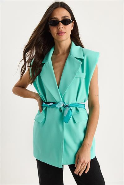 Kadın Cep Detaylı Kemerli Vatkalı Oversize Astarlı Blazer Yelek 11143 60281003 - Mint Yeşili