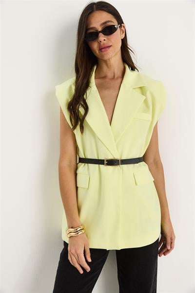Kadın Cep Detaylı Kemerli Vatkalı Oversize Astarlı Blazer Yelek 11143 60281003 - Limon Sarısı