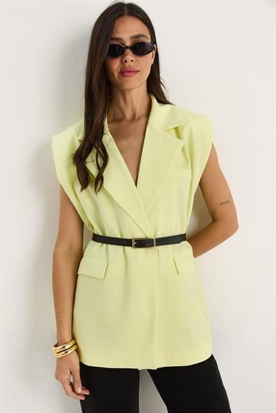 Kadın Cep Detaylı Kemerli Vatkalı Oversize Astarlı Blazer Yelek 11143 60281003 - Limon Sarısı