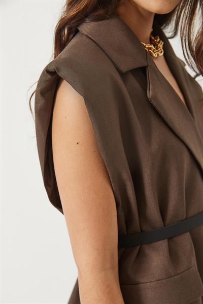 Kadın Cep Detaylı Kemerli Vatkalı Oversize Astarlı Blazer Yelek 11143 60281003 - Kahverengi