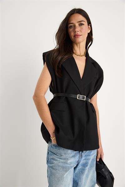 Kadın Cep Detaylı Kemerli Vatkalı Oversize Astarlı Blazer Yelek 11143 60281003 - Siyah