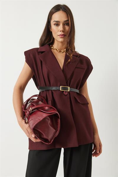 Kadın Cep Detaylı Kemerli Vatkalı Oversize Astarlı Blazer Yelek 11143 60281003 - Bordo