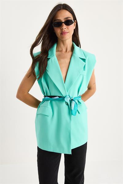 Kadın Cep Detaylı Kemerli Vatkalı Oversize Astarlı Blazer Yelek 11143 60281003 - Mint Yeşili