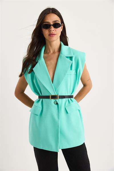 Kadın Cep Detaylı Kemerli Vatkalı Oversize Astarlı Blazer Yelek 11143 60281003 - Mint Yeşili