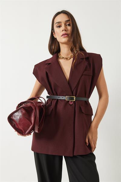 Kadın Cep Detaylı Kemerli Vatkalı Oversize Astarlı Blazer Yelek 11143 60281003 - Bordo