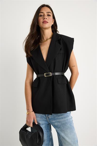Kadın Cep Detaylı Kemerli Vatkalı Oversize Astarlı Blazer Yelek 11143 60281003 - Siyah