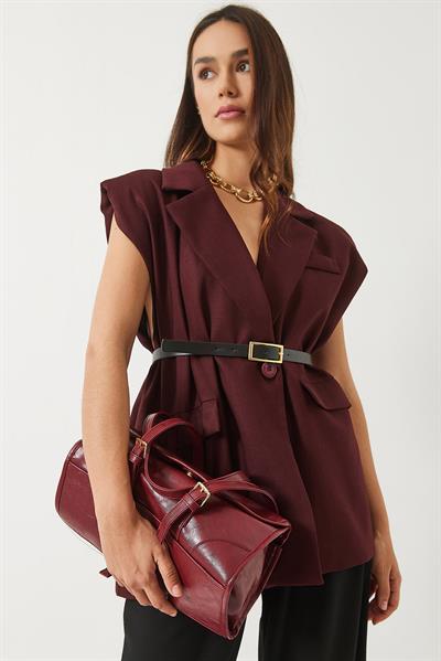 Kadın Cep Detaylı Kemerli Vatkalı Oversize Astarlı Blazer Yelek 11143 60281003 - Bordo