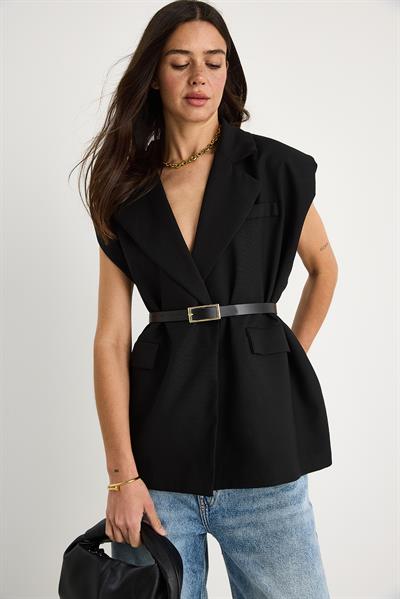 Kadın Cep Detaylı Kemerli Vatkalı Oversize Astarlı Blazer Yelek 11143 60281003 - Siyah