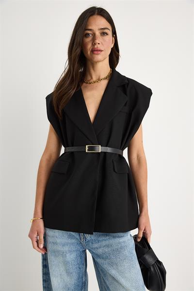 Kadın Cep Detaylı Kemerli Vatkalı Oversize Astarlı Blazer Yelek 11143 60281003 - Siyah