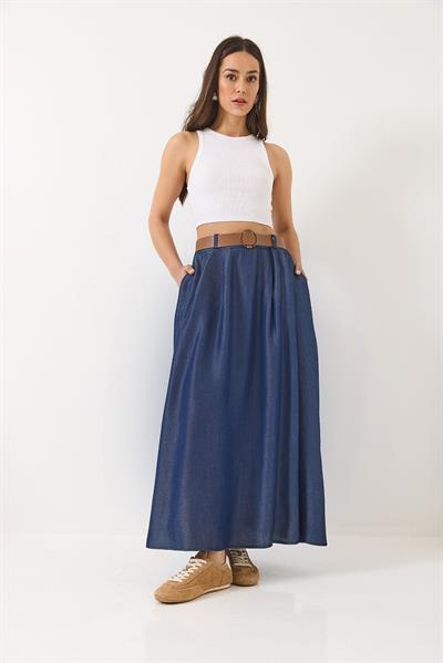Kadın Cep Detaylı Kemerli Yazlık Denim Uzun Kloş Etek 7187 60283143 - Lacivert