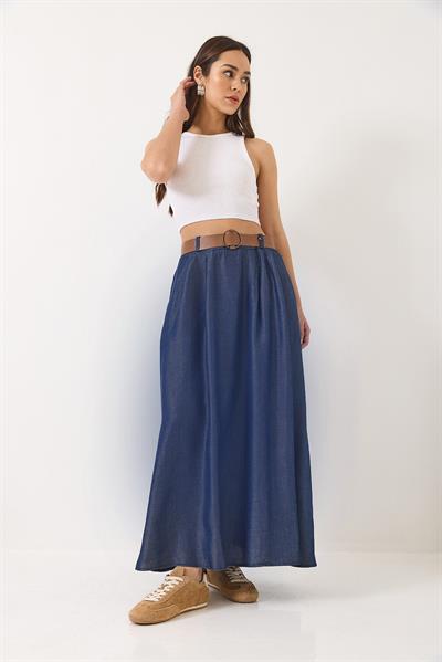 Kadın Cep Detaylı Kemerli Yazlık Denim Uzun Kloş Etek 7187 60283143 - Lacivert