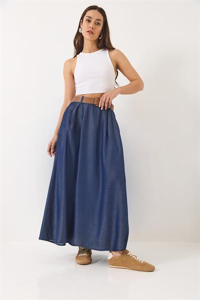 Kadın Cep Detaylı Kemerli Yazlık Denim Uzun Kloş Etek 7187 60283143 - Lacivert