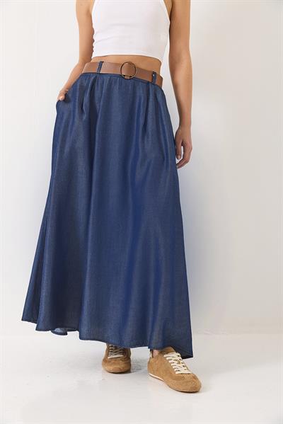 Kadın Cep Detaylı Kemerli Yazlık Denim Uzun Kloş Etek 7187 60283143 - Lacivert