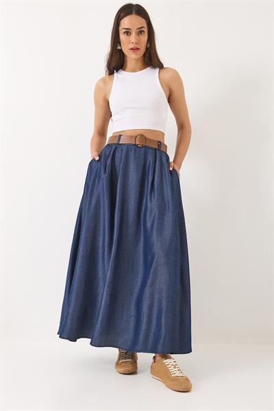 Kadın Cep Detaylı Kemerli Yazlık Denim Uzun Kloş Etek 7187 60283143 - Lacivert