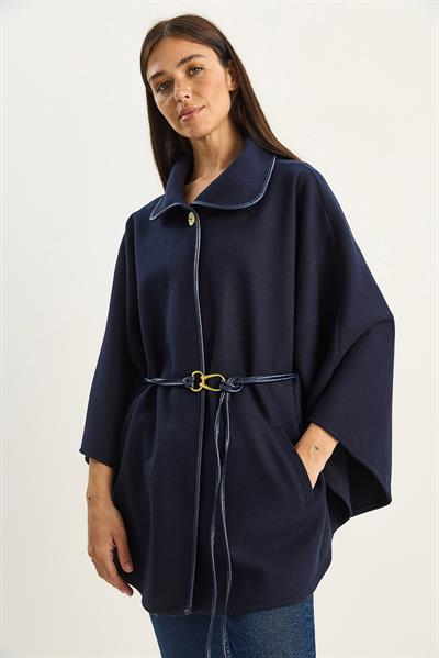 Kadın Cep Detaylı Suni Deri Kemerli Kaşe Panço 60282035 - Lacivert