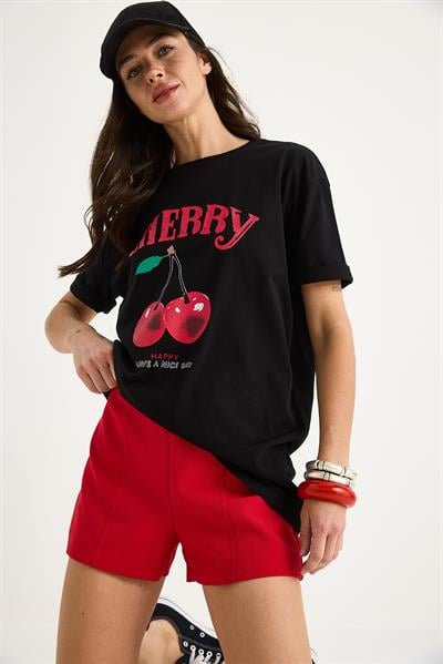 Kadın Cherry Baskılı Oversize Basic Pamuklu T-Shirt 04025 60284052 - Siyah