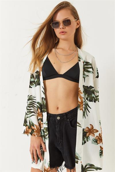 Kadın Çiçek Desenli Kısa Viskon Kimono 60261498 - Ekru
