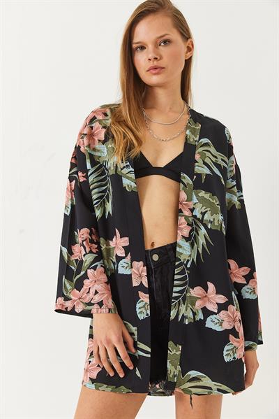 Kadın Çiçek Desenli Kısa Viskon Kimono 60261498 - Siyah