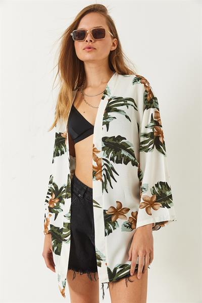Kadın Çiçek Desenli Kısa Viskon Kimono 60261498 - Ekru