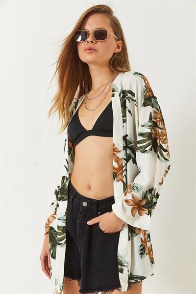 Kadın Çiçek Desenli Kısa Viskon Kimono 60261498 - Ekru