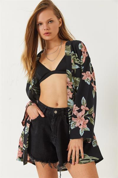 Kadın Çiçek Desenli Kısa Viskon Kimono 60261498 - Siyah