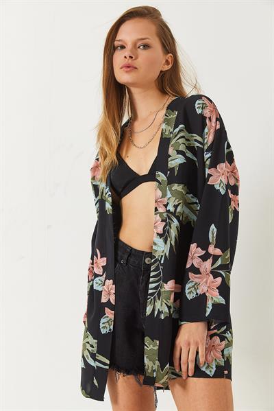 Kadın Çiçek Desenli Kısa Viskon Kimono 60261498 - Siyah