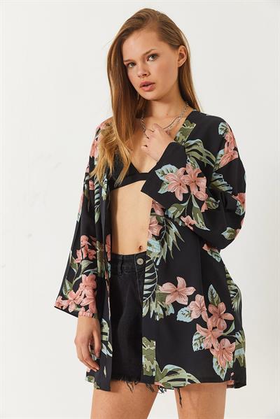 Kadın Çiçek Desenli Kısa Viskon Kimono 60261498 - Siyah