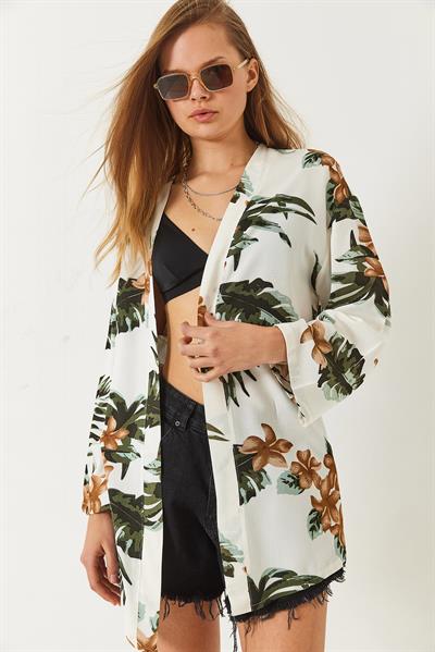 Kadın Çiçek Desenli Kısa Viskon Kimono 60261498 - Ekru