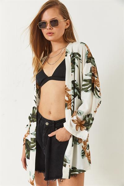 Kadın Çiçek Desenli Kısa Viskon Kimono 60261498 - Ekru