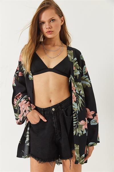 Kadın Çiçek Desenli Kısa Viskon Kimono 60261498 - Siyah