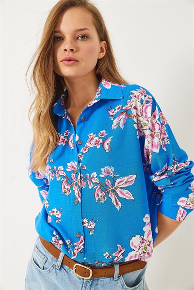 Kadın Çiçek Desenli Oversize Viskon Keten Gömlek 60261538 - Mavi-Pembe