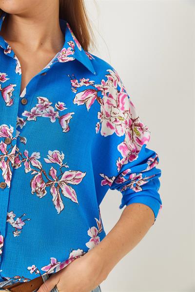 Kadın Çiçek Desenli Oversize Viskon Keten Gömlek 60261538 - Mavi-Pembe