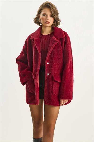 Çift Cepli Oversize Peluş Mont 1611 60261097 - Kadife Kırmızı