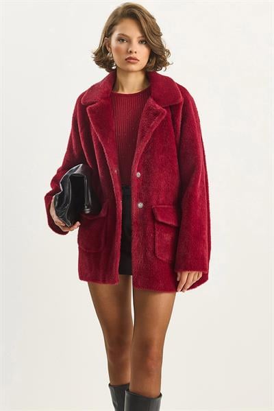 Çift Cepli Oversize Peluş Mont 1611 60261097 - Kadife Kırmızı
