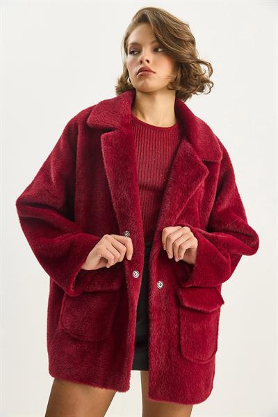 Çift Cepli Oversize Peluş Mont 1611 60261097 - Kadife Kırmızı